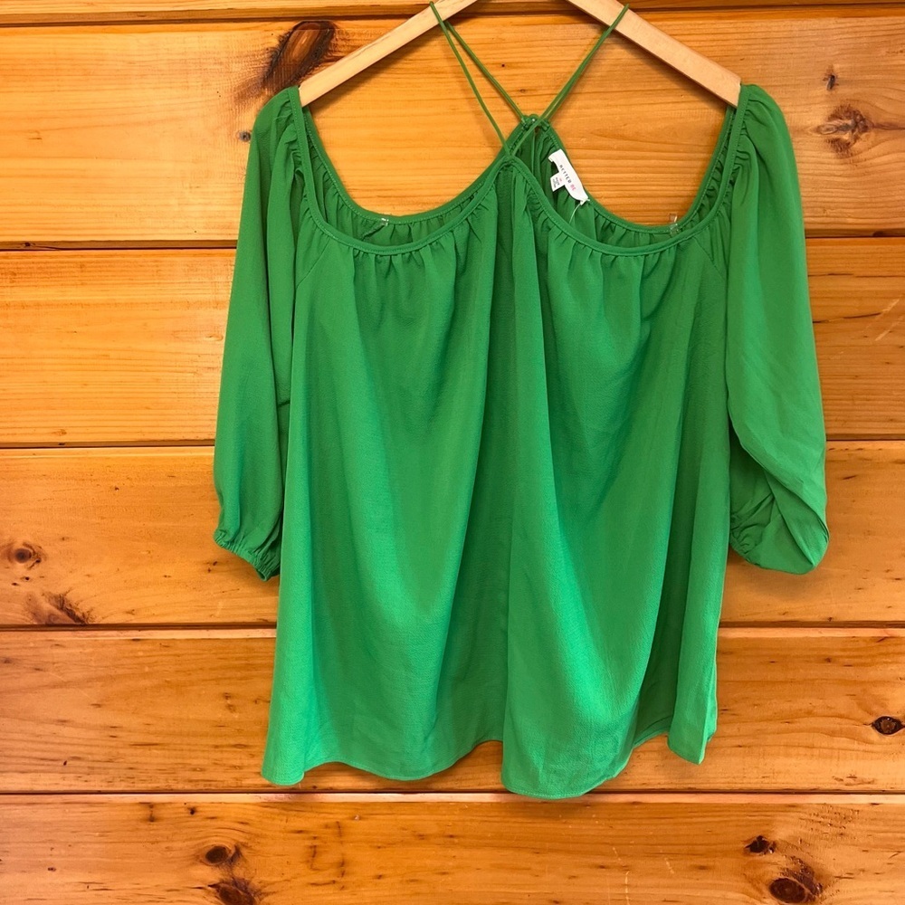 Bright Green Off the Shoulder Better Be 3/4 Sleeve Blouse Ruffle top